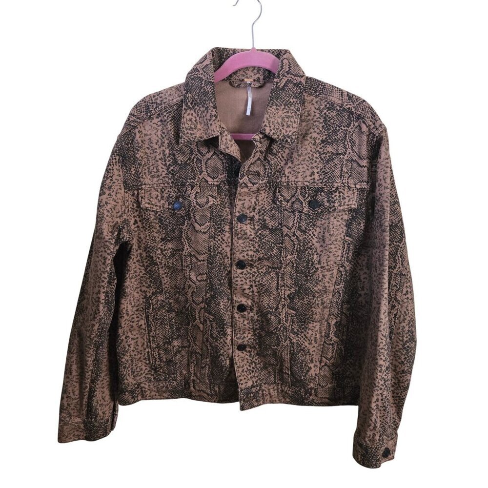 Free People Snake Print Trucker  Jacket Button Closure Pockets Size S - Picture 2 of 13